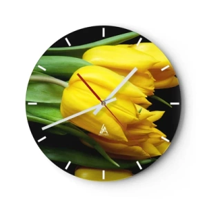 Horloge murale - Pendule murale - Tulipes jaunes sur fond noir - 30x30cm - Lever de soleil pur - Décoration murale moderne pour le salon, la cuisine et la chambre ARTTOR