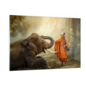 Impression sur verre - Image sur verre - Un moine en robe orange avec un éléphant dans un décor naturel - 120x80cm - Rencontre en voyageant - Décoration murale moderne pour le salon et la chambre ARTTOR