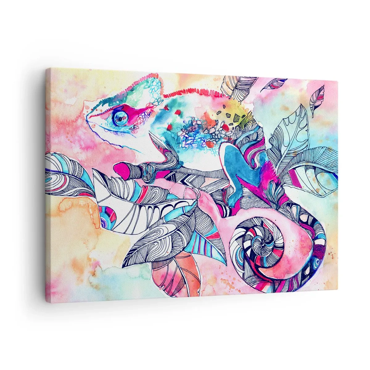 Impression sur toile - Image sur toile - Caméléon coloré sur fond de feuilles abstraites - 70x50cm - Aussi coloré que notre monde - Décoration murale moderne pour le salon et la chambre ARTTOR