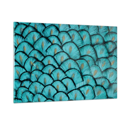 Impression sur verre - Image sur verre - Gros plan de plumes de paon turquoise formant un motif décoratif. - 120x80cm - Le grand gala des plumes - Décoration murale moderne pour le salon et la chambre ARTTOR