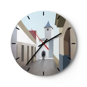 Horloge murale - Pendule murale - Une figure sur fond de rue de ville dans un décor lumineux et géométrique - 30x30cm - Une promenade ensoleillée - Décoration murale moderne pour le salon, la cuisine et la chambre ARTTOR
