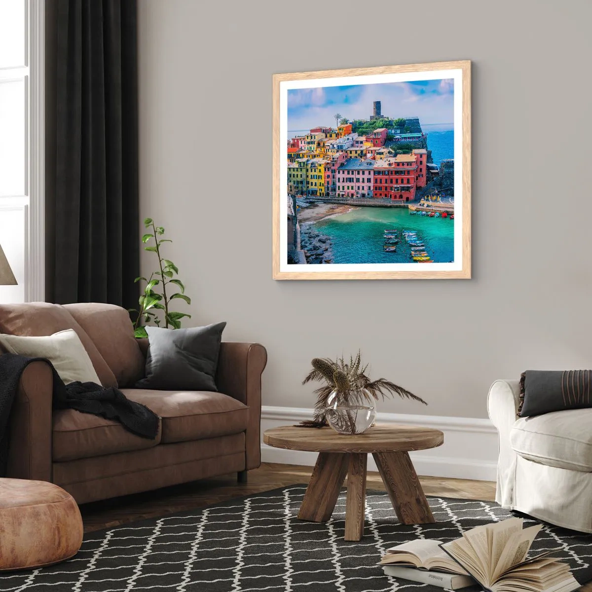 Affiche dans un chêne clair - Poster - Petite ville magique de méditerranée - 50x50 cm