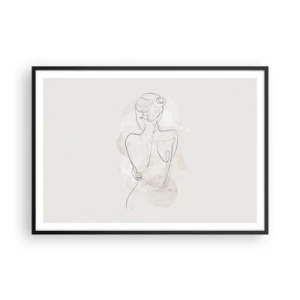 Affiche dans un cadre noir - Poster - Un croquis minimaliste d'une silhouette féminine sur un fond clair. - 100x70cm - Comme un instrument sensible - Décoration murale moderne pour le salon et la chambre ARTTOR