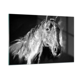Impression sur verre - Image sur verre - Portrait d'un cheval dans les tons de noir et blanc sur fond sombre - 120x80cm - L'éclat d'une âme noble - Décoration murale moderne pour le salon et la chambre ARTTOR