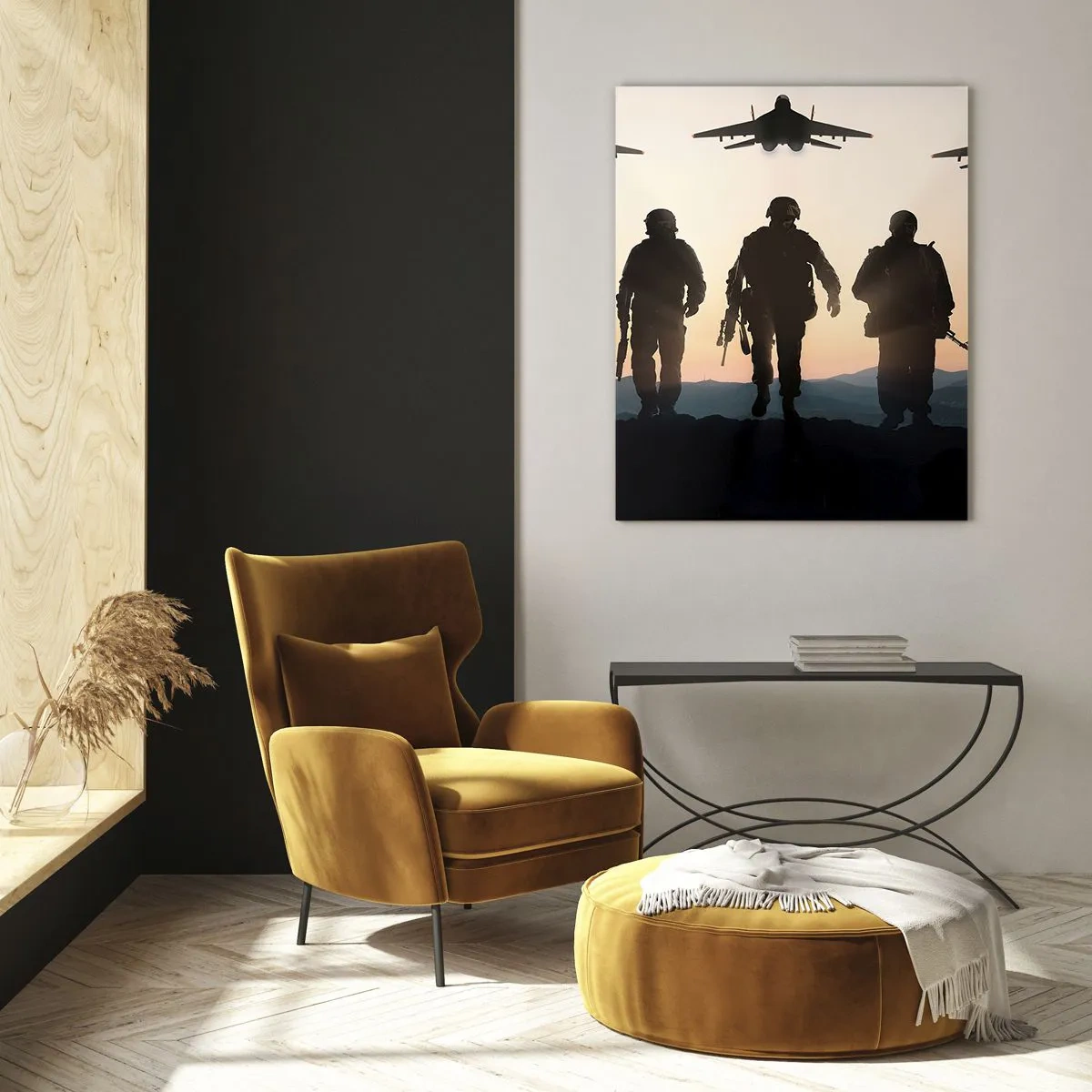 Impression sur verre - Image sur verre - Silhouettes de soldats et d'avions de chasse sur fond de coucher de soleil - 70x100cm - Bienvenue dans notre monde - Décoration murale moderne pour le salon et la chambre ARTTOR