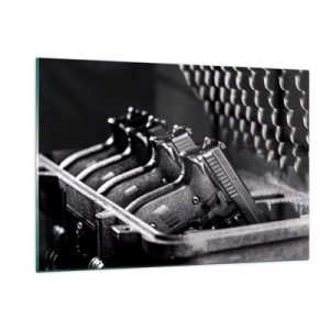 Impression sur verre - Image sur verre - Pistolets noirs dans un étui sur fond de mousse protectrice - 120x80cm - Sport masculin - Décoration murale moderne pour le salon et la chambre ARTTOR