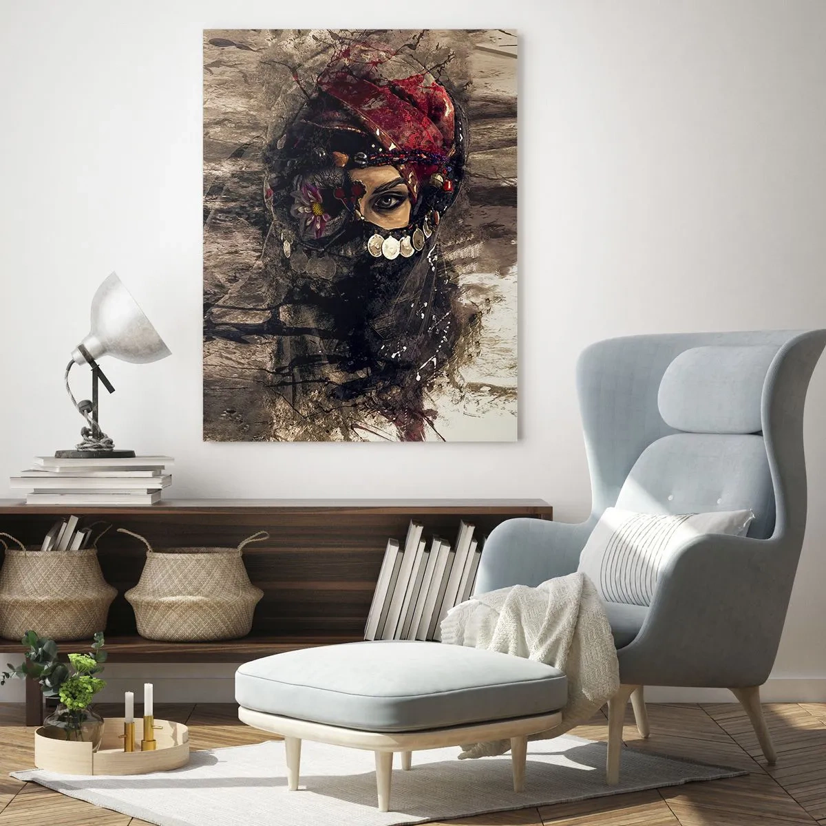 Impression sur verre - Image sur verre - Portrait artistique d'une femme en tenue orientale sur fond abstrait. - 80x120cm - Inquiétant, c'est le moins qu'on puisse dire - Décoration murale moderne pour le salon et la chambre ARTTOR