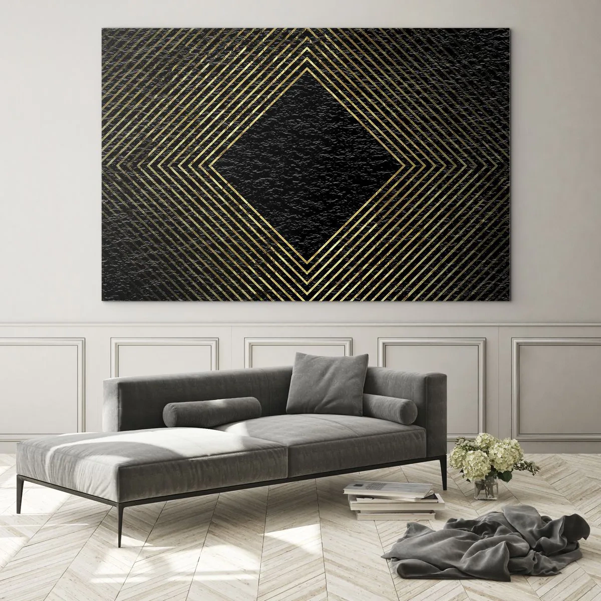 Impression sur verre - Image sur verre - Diamant en or avec des lignes géométriques sur fond noir - 70x50cm - Géométrie dans un style glamour - Décoration murale moderne pour le salon et la chambre ARTTOR