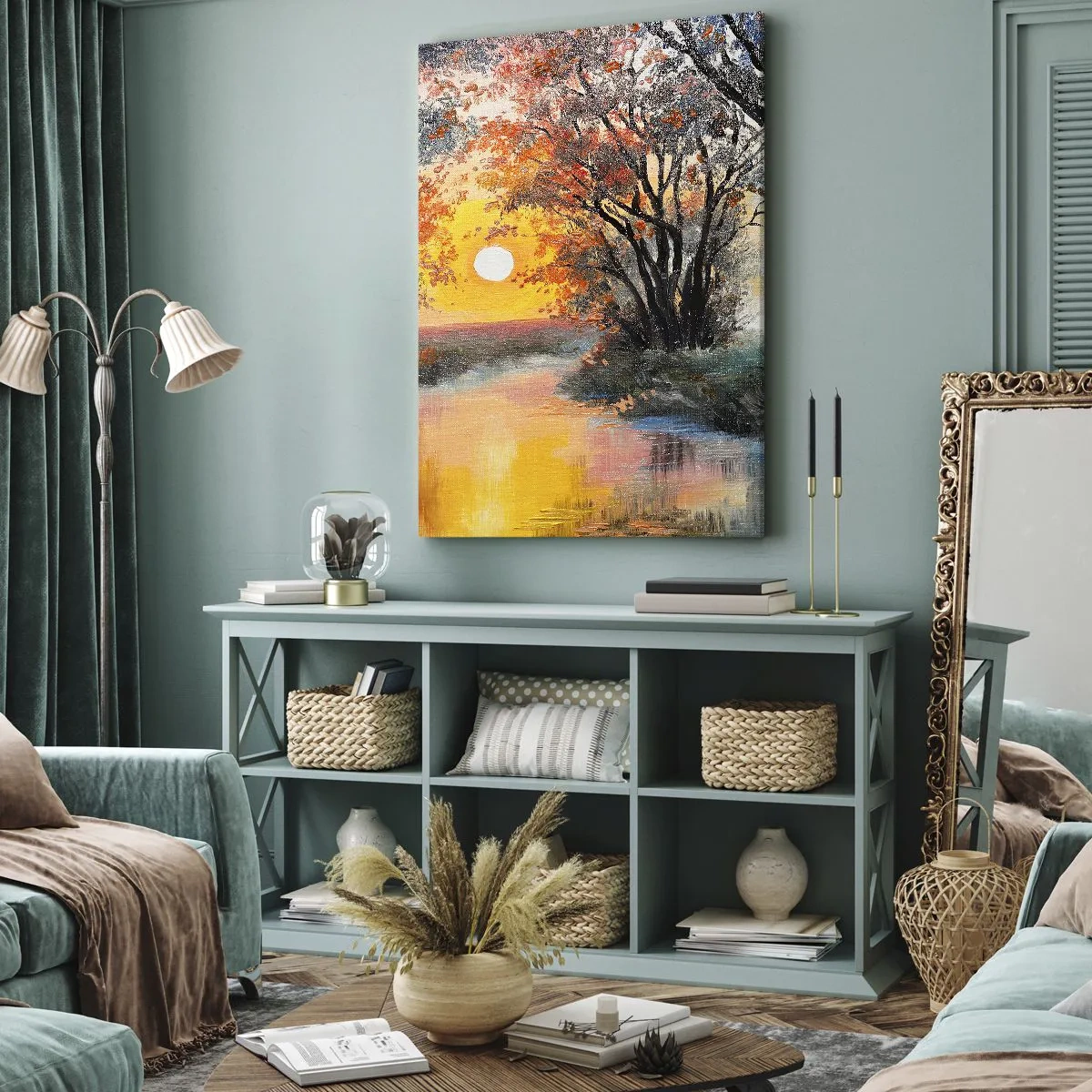 Impression sur toile - Image sur toile - Coucher de soleil sur la rivière dans un paysage d'automne - 50x70cm - Climats de printemps - Décoration murale moderne pour le salon et la chambre ARTTOR