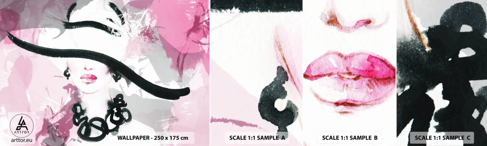 Échantillon De Papier Peint Standard Eco - Portrait d'une dame en noir et rose - Femme, Visage de femme, Abstraction - 100x30 cm