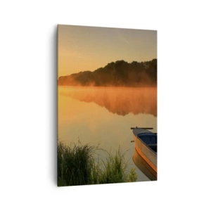 Impression sur toile - Image sur toile - Brouillard matinal sur la rivière avec un bateau sous les rayons du soleil - 70x100cm - Lever du soleil sur l'eau comme un miroir - Décoration murale moderne pour le salon et la chambre ARTTOR