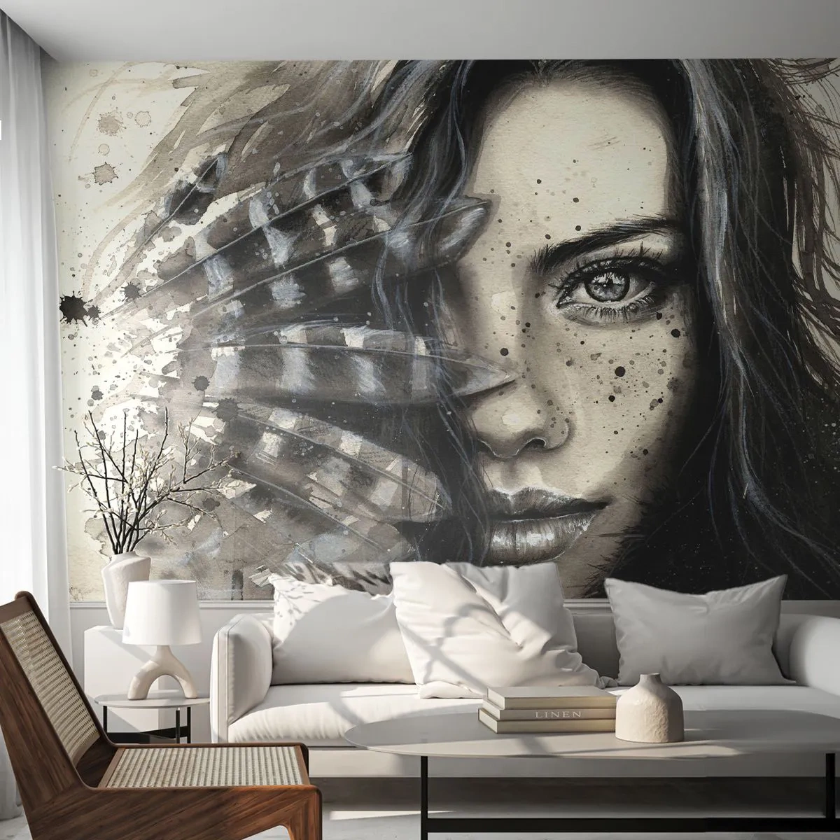 Papier Peint Photo Premium Canvas - Beauté sauvage - Femme, Plumes d'oiseaux, Graphique - 250x175 cm