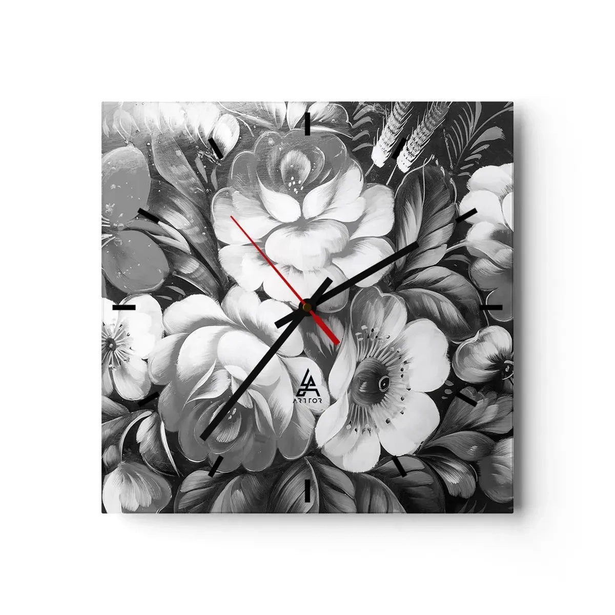 Horloge murale - Pendule murale - Fleurs noires et blanches dans une composition classique et élégante - 30x30cm - Belle même en gris - Décoration murale moderne pour le salon et la chambre ARTTOR