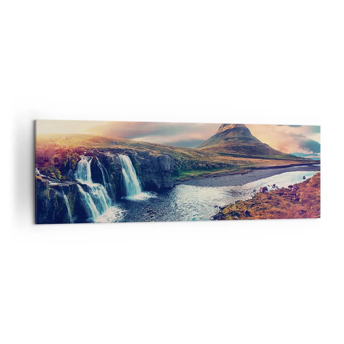 Impression sur toile - Image sur toile - Vue de la cascade et de la montagne à la lumière du soleil couchant - 160x50cm - Dans la majesté de la nature - Décoration murale moderne pour le salon et la chambre ARTTOR