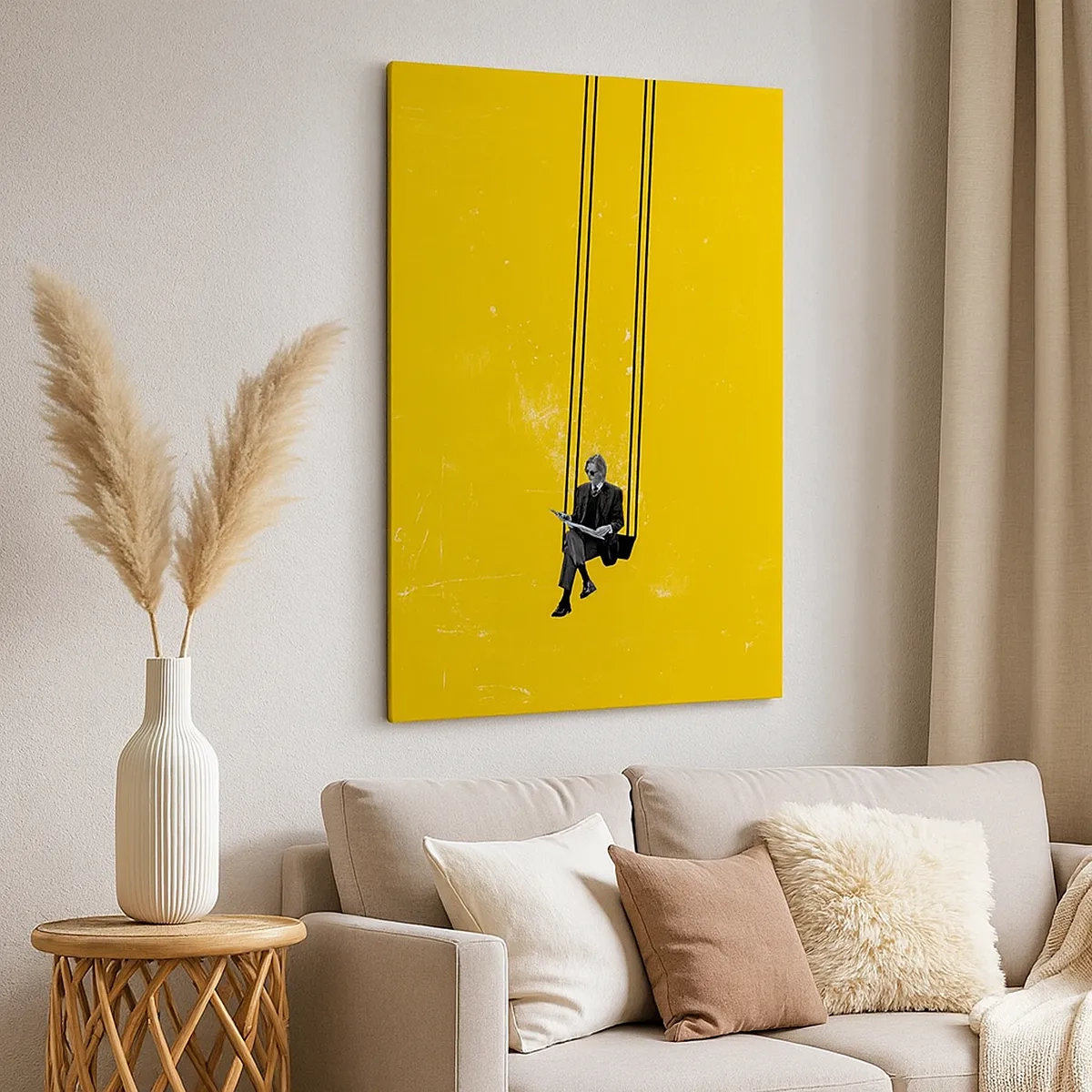 Impression sur toile - Image sur toile - Une personne sur une balançoire sur un fond jaune intense - 50x70cm - Un jour comme tous les jours - Décoration murale moderne pour le salon et la chambre ARTTOR