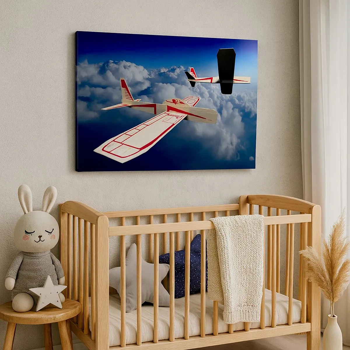 Impression sur toile - Image sur toile - Deux avions en bois planant au-dessus des nuages contre un ciel bleu. - 70x50cm - Encore plus haut, encore plus loin - Décoration murale moderne pour le salon et la chambre ARTTOR