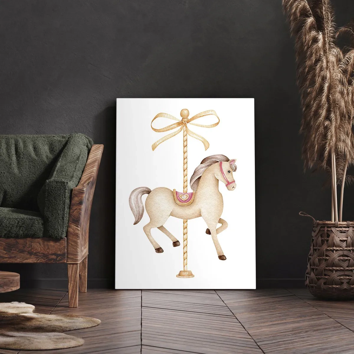 Impression sur toile - Image sur toile - Un cheval de carrousel avec un arc dans des pastels délicats - 50x70cm - Un trot gracieux - Décoration murale moderne pour le salon et la chambre ARTTOR