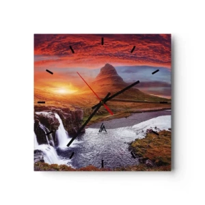 Horloge murale - Pendule murale - Paysage de montagne avec une cascade au coucher du soleil - 30x30cm - Vue de la terre du milieu - Décoration murale moderne pour le salon et la chambre ARTTOR