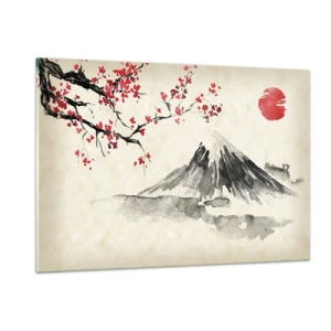 Impression sur verre - Image sur verre - Aquarelle japonaise représentant une montagne et une branche fleurie - 120x80cm - Tomber amoureux du Japon - Décoration murale moderne pour le salon et la chambre ARTTOR