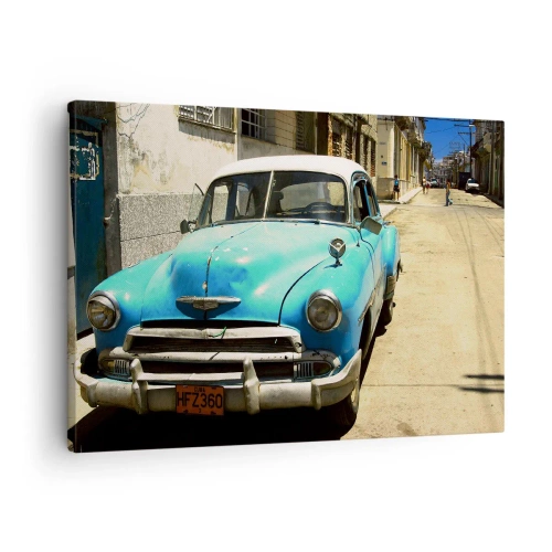 Impression sur toile - Image sur toile - Une voiture classique bleue dans la rue par une journée ensoleillée - 70x50cm - Et vive Cuba ! - Décoration murale moderne pour le salon et la chambre ARTTOR