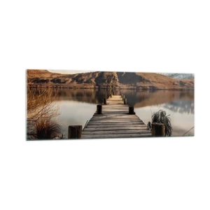 Impression sur verre - Image sur verre - Une jetée en bois sur un lac entouré de collines pittoresques - 140x50cm - Paysage silencieux - Décoration murale moderne pour le salon et la chambre ARTTOR