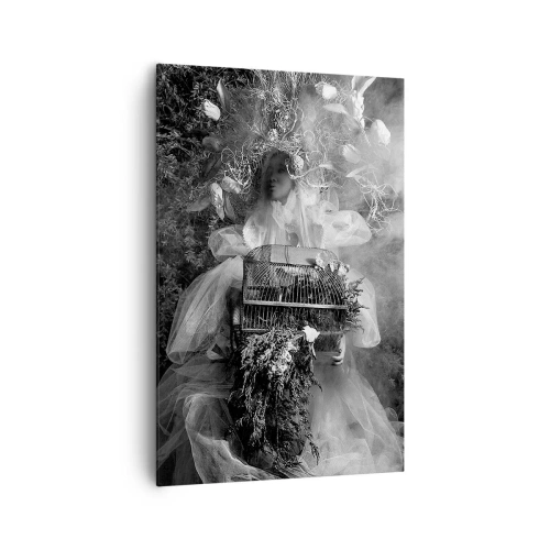 Impression sur toile - Image sur toile - Une composition en noir et blanc avec une figure en robe et une cage dans le brouillard. - 80x120cm - Tout simplement Mère Nature - Décoration murale moderne pour le salon et la chambre ARTTOR