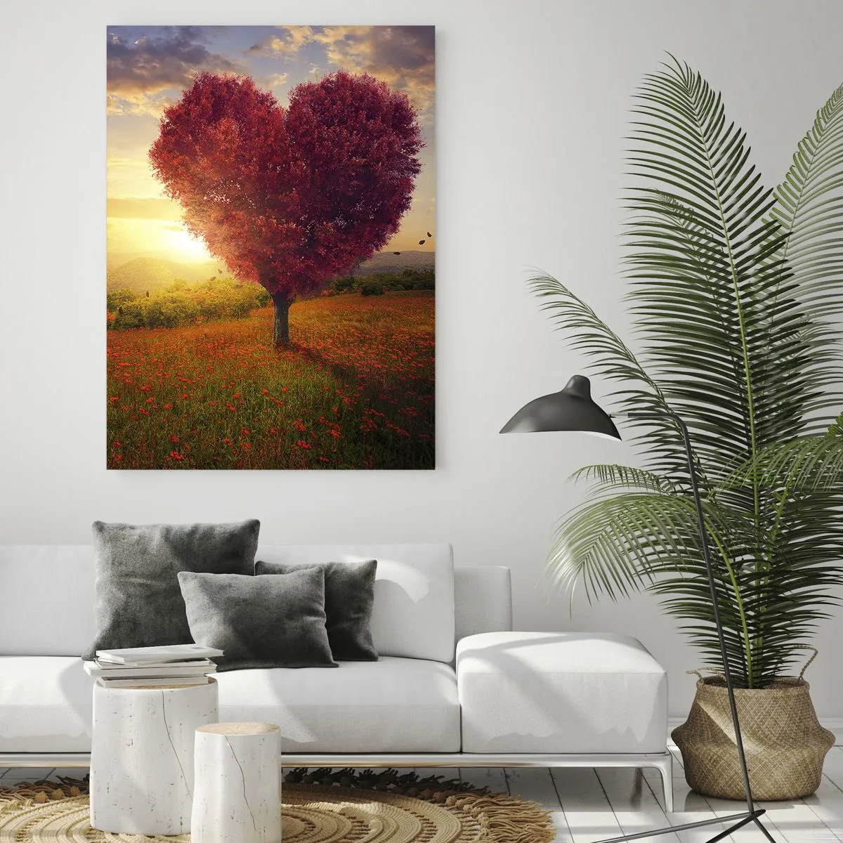 Impression sur verre - Image sur verre - Un arbre en forme de cœur dans un champ au coucher du soleil - 50x70cm - Touche le cœur - Décoration murale moderne pour le salon et la chambre ARTTOR