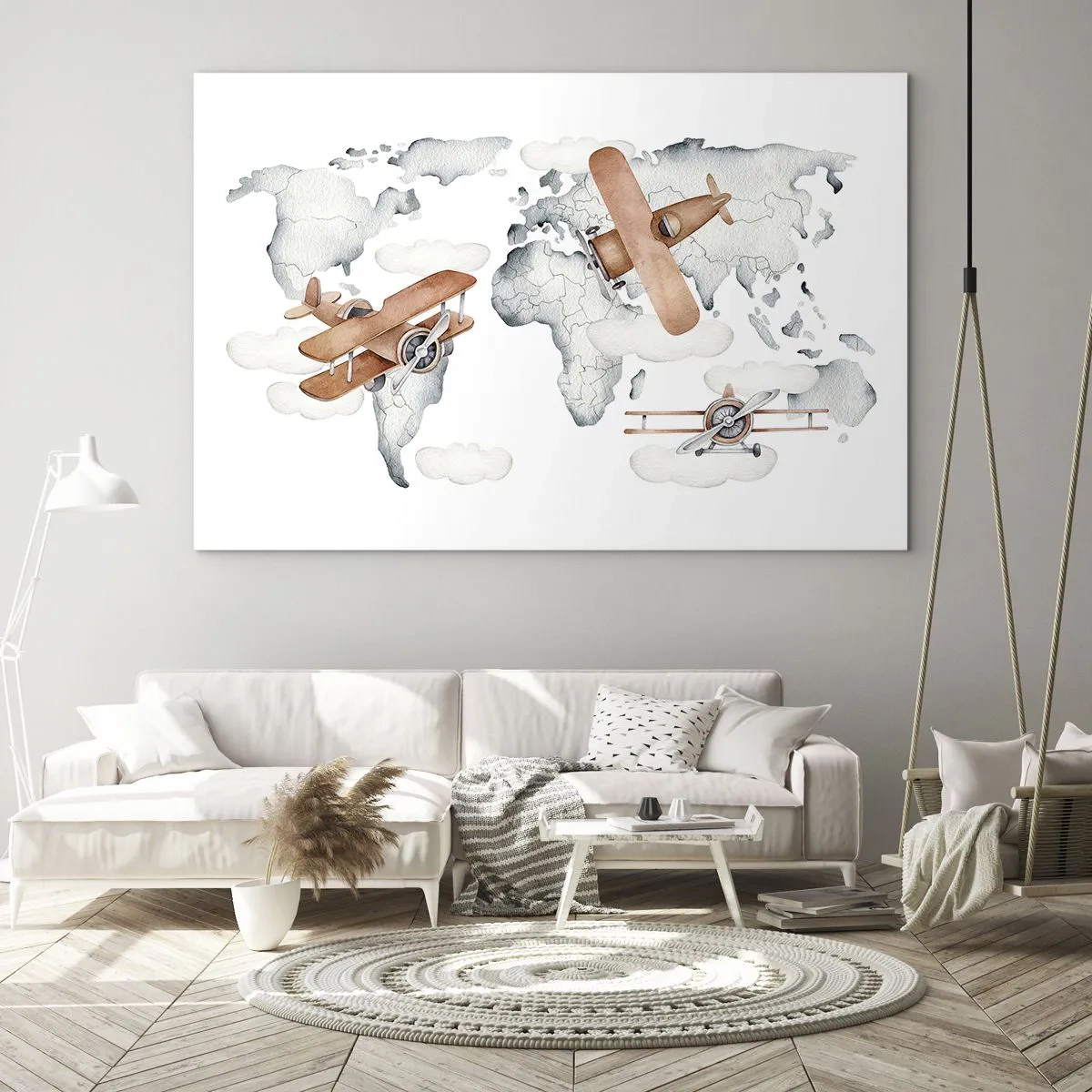 Impression sur verre - Image sur verre - Carte du monde des avions rétro pour les enfants - 70x50cm - Dans un esprit pionnier - Décoration murale moderne pour le salon et la chambre ARTTOR