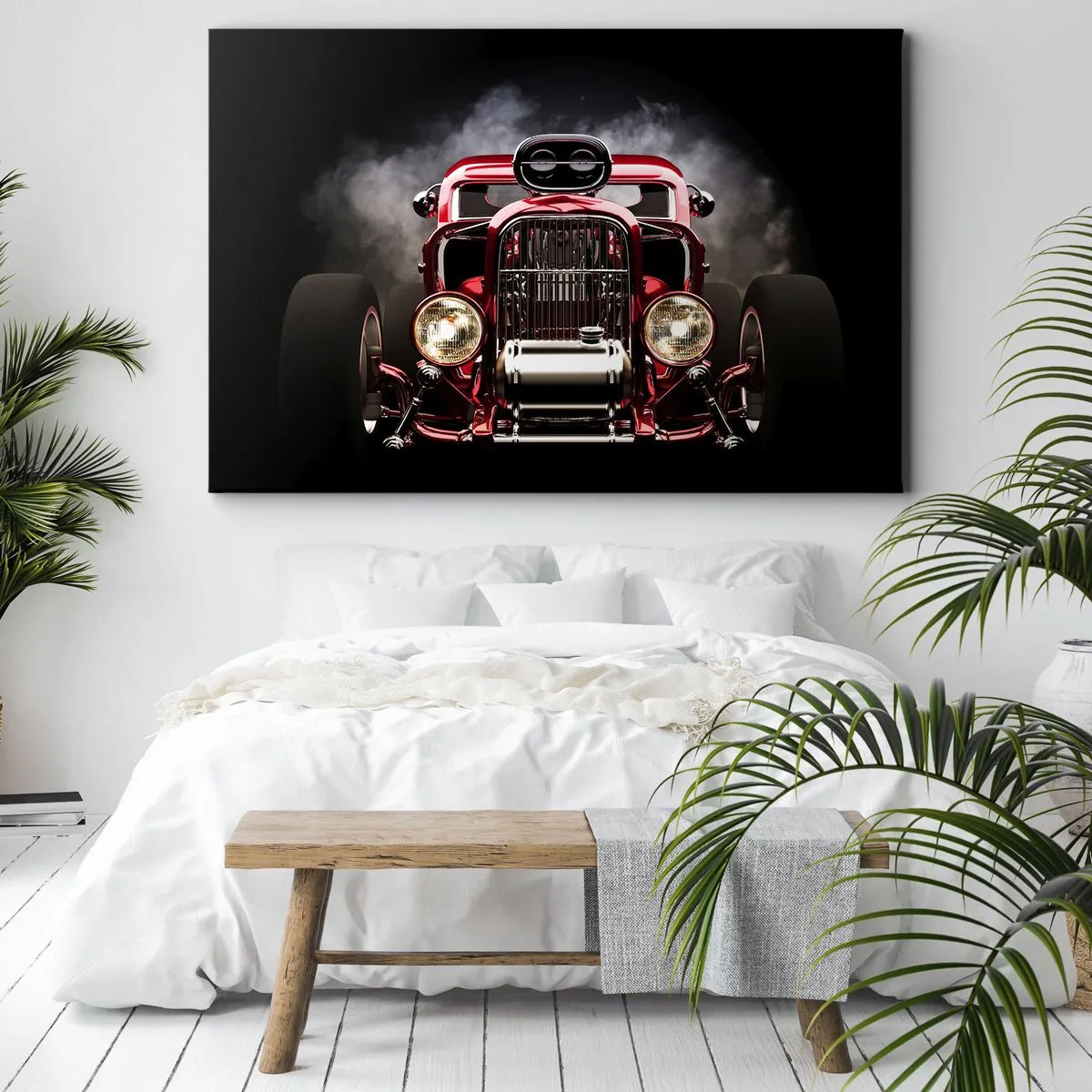 Impression sur toile - Image sur toile - Voiture de course classique rouge sur fond sombre - 120x80cm - Rapide et furieusement beau - Décoration murale moderne pour le salon et la chambre ARTTOR
