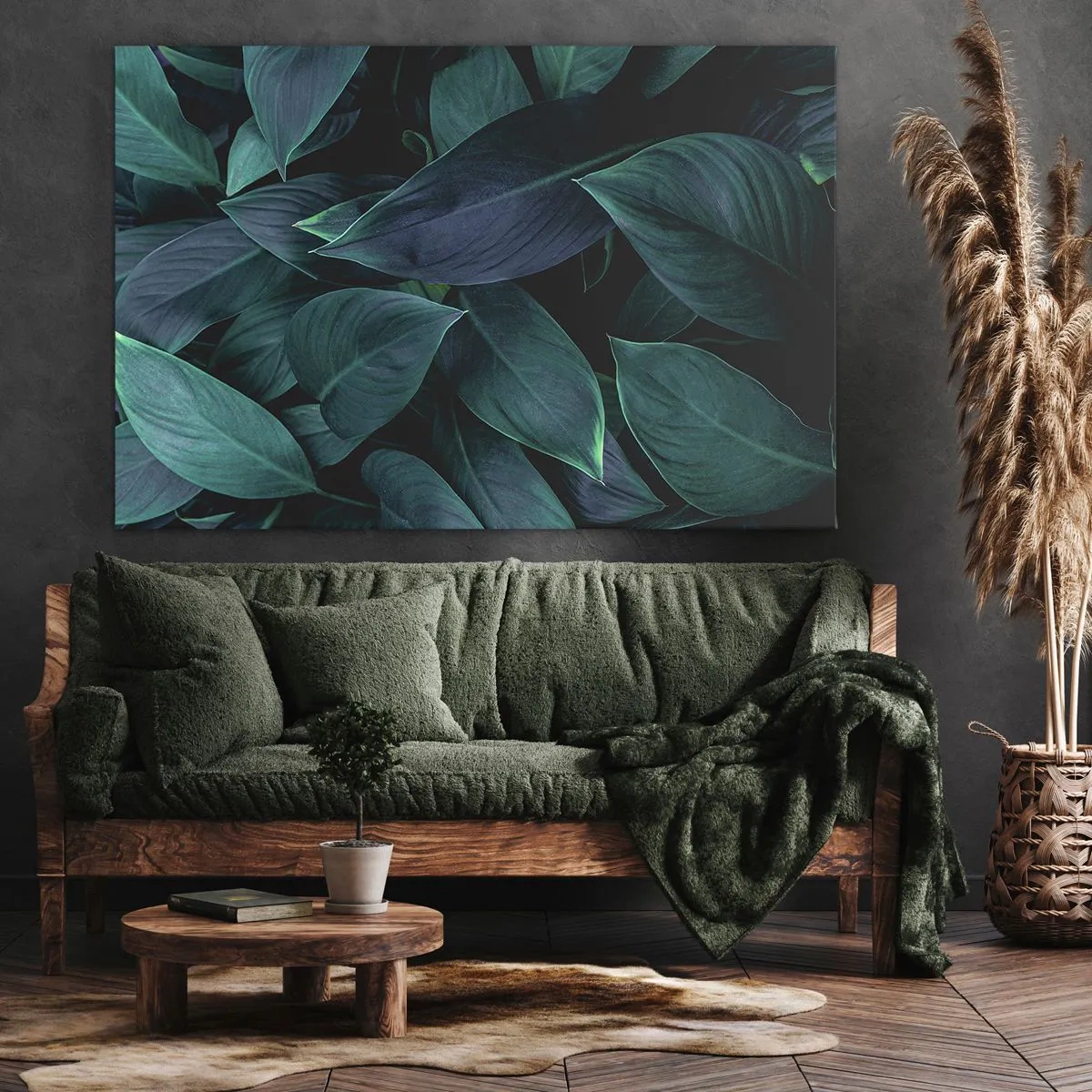 Impression sur toile - Image sur toile - Gros plan de feuilles vertes sur fond sombre - 70x50cm - le vert lui-même - Décoration murale moderne pour le salon et la chambre ARTTOR