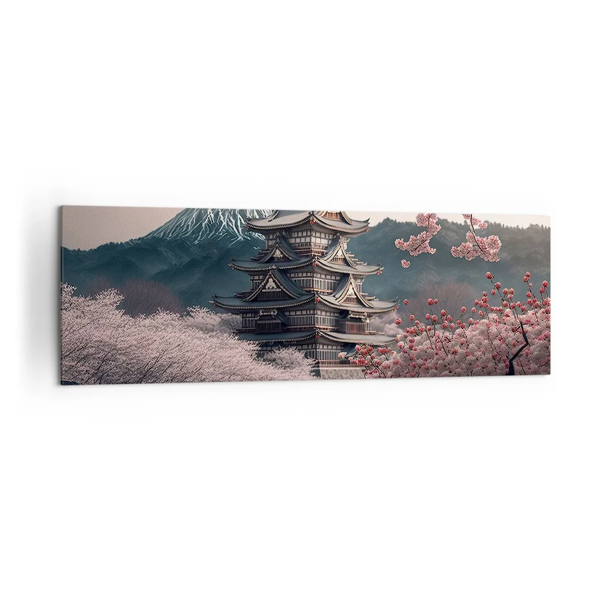 Impression sur toile - Image sur toile - Un temple japonais entouré de cerisiers en fleurs et de montagnes - 160x50cm - Le pays des cerisiers en fleurs - Décoration murale moderne pour le salon et la chambre ARTTOR