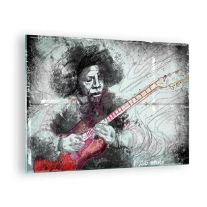 Impression sur verre - Image sur verre - Portrait artistique d'un musicien avec une guitare électrique - 70x50cm - Sur les vagues de la musique - Décoration murale moderne pour le salon et la chambre ARTTOR