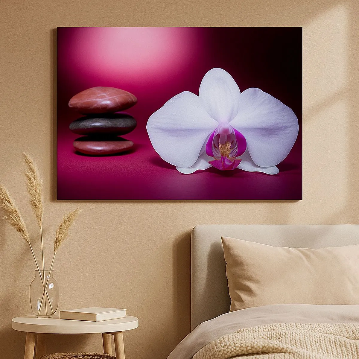 Impression sur toile - Image sur toile - Orchidée blanche et pierres sur fond rose - 70x50cm - Une étude de fraîcheur en violet - Décoration murale moderne pour le salon et la chambre ARTTOR