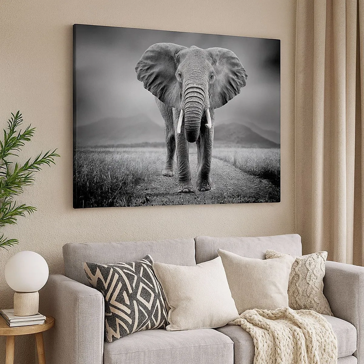 Impression sur toile - Image sur toile - Un puissant éléphant dans la savane aux tons monochromes - 70x50cm - Les hôtes vous saluent - Décoration murale moderne pour le salon et la chambre ARTTOR