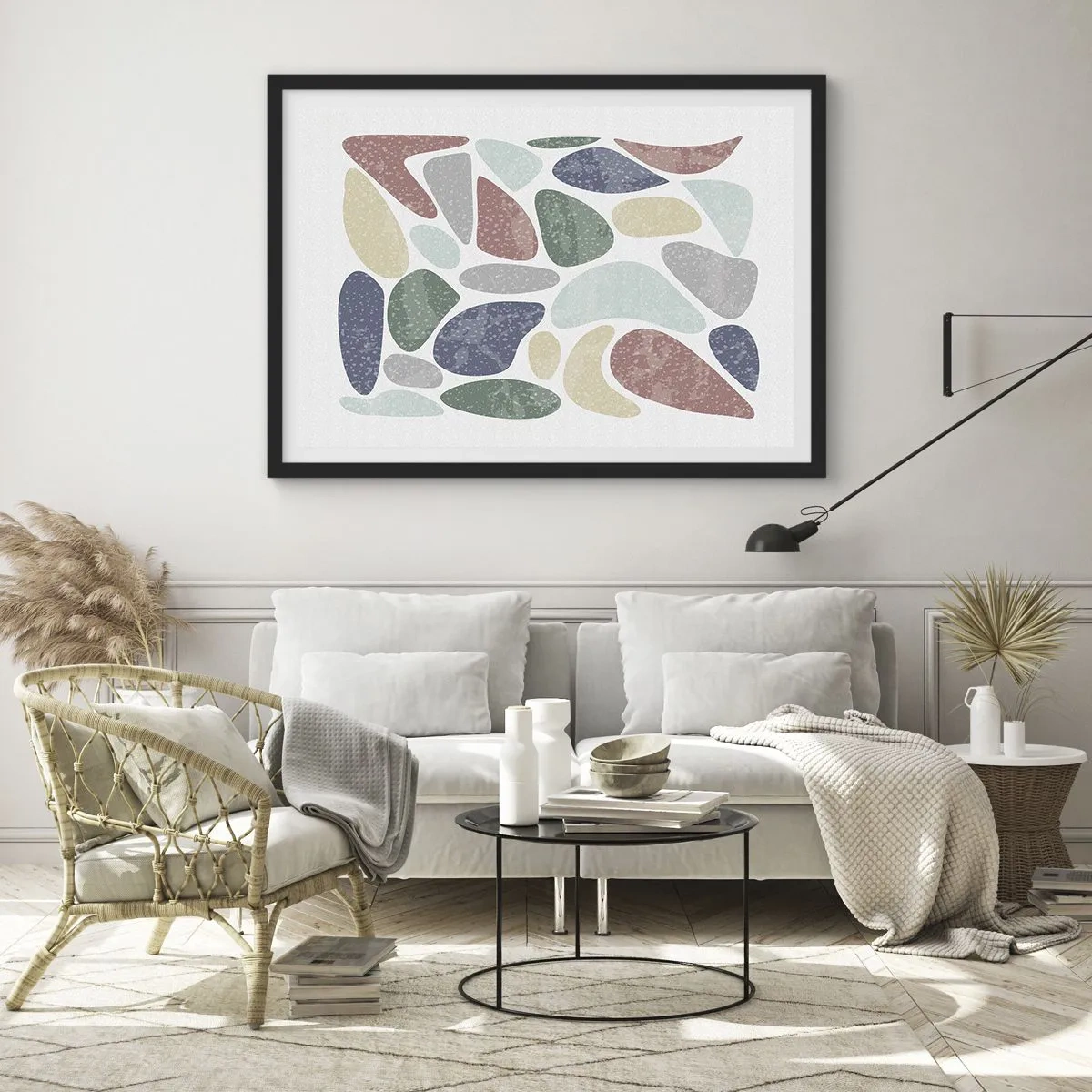 Affiche dans un cadre noir - Poster - Formes organiques colorées sur fond blanc - 100x70cm - Une mosaïque de couleurs poudrées - Décoration murale moderne pour le salon et la chambre ARTTOR