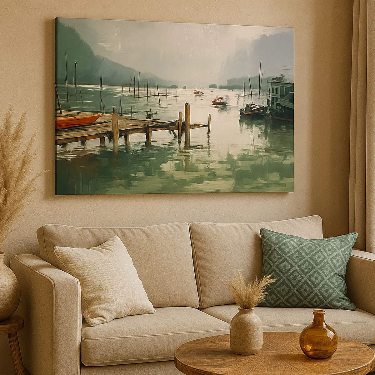 Impression sur toile - Image sur toile - Un port pittoresque avec des bateaux sur une eau calme - 70x50cm - Trempé dans une lune en fusion - Décoration murale moderne pour le salon et la chambre ARTTOR