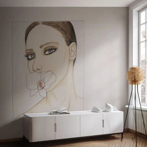 Papier Peint Photo Standard Eco - Une femme avec une orchidée dans la bouche dans un croquis minimaliste. - 100x70cm - Symbole de l'élégance et de la beauté - Décoration murale moderne pour le salon et la chambre ARTTOR