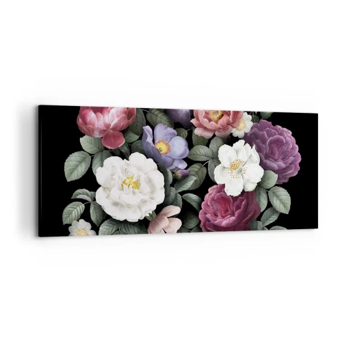 Impression sur toile - Image sur toile - Fleurs de différentes couleurs sur fond noir - 120x50cm - D'un jardin anglais - Décoration murale moderne pour le salon et la chambre ARTTOR