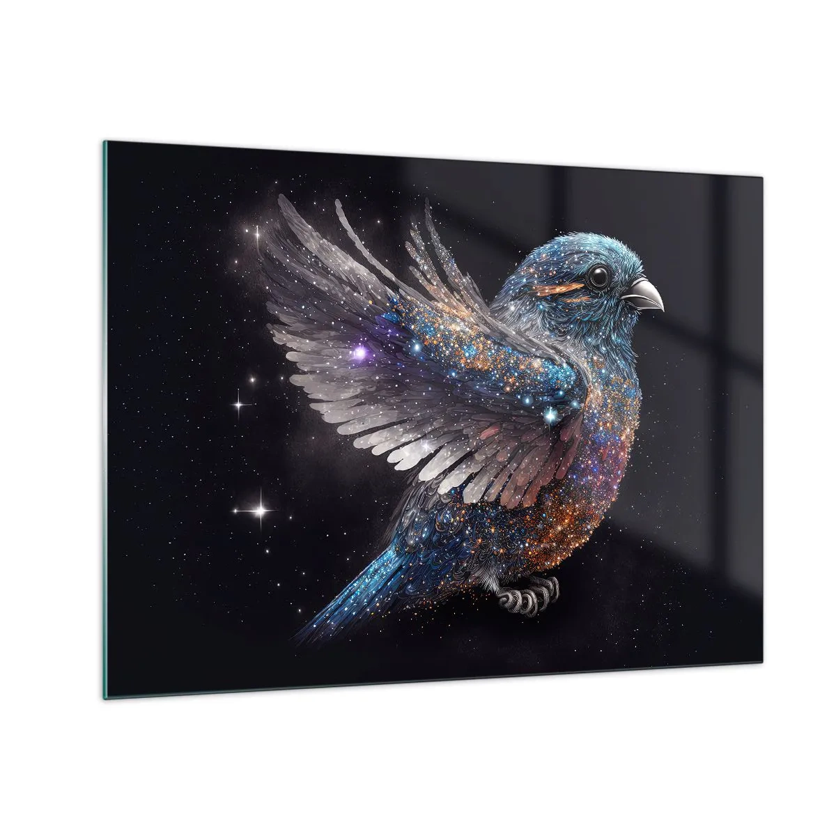 Impression sur verre - Image sur verre - Moineau de l'espace avec paillettes de diamant - 70x50cm - Moineau de diamant - Décoration murale moderne pour le salon et la chambre ARTTOR