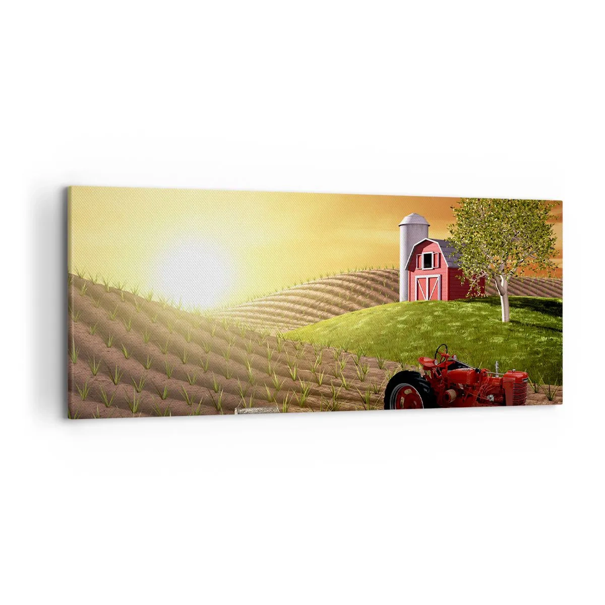 Impression sur toile - Image sur toile - Paysage rural avec une grange rouge, un tracteur et un lever de soleil - 120x50cm - Une ferme comme dans un conte de fées - Décoration murale moderne pour le salon et la chambre ARTTOR