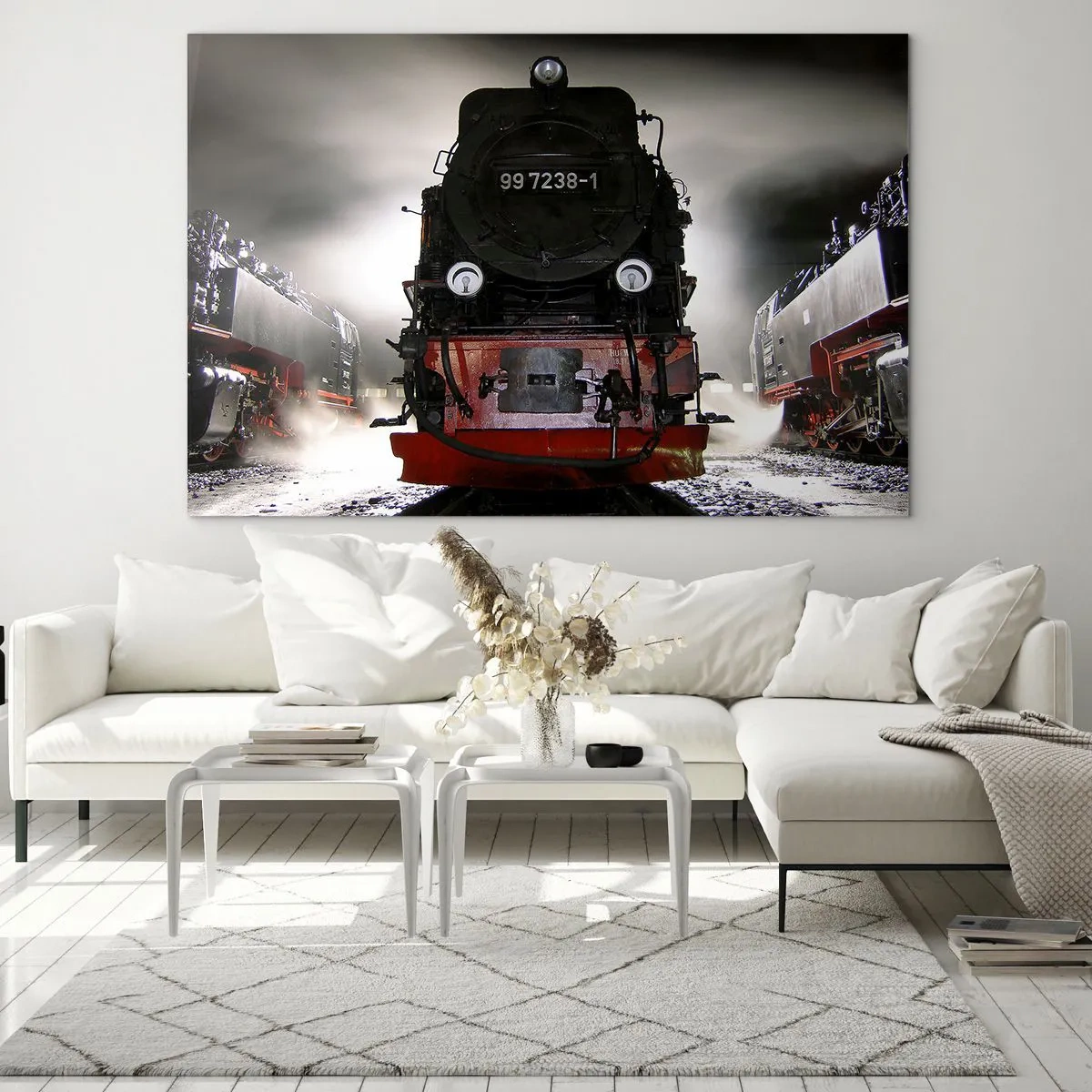 Impression sur verre - Image sur verre - Une locomotive à vapeur entourée de vapeur et de lumière - 120x80cm - Il se lève et siffle, halète et souffle - Décoration murale moderne pour le salon et la chambre ARTTOR