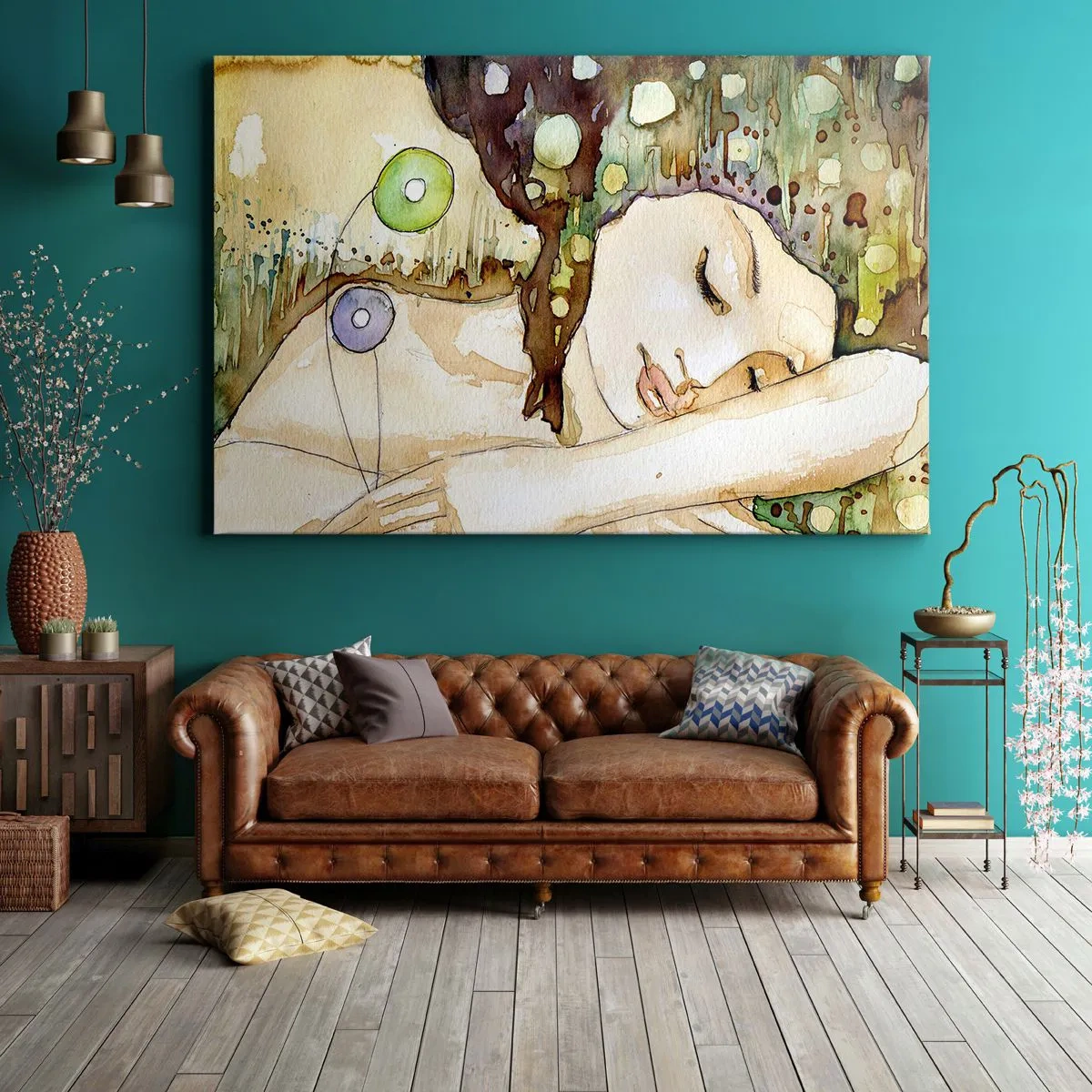 Impression sur toile - Image sur toile - Une femme rêvant entourée de formes et de couleurs abstraites. - 70x50cm - Un rêve violet émeraude - Décoration murale moderne pour le salon et la chambre ARTTOR