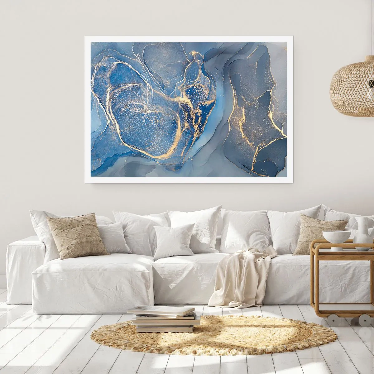 Affiche - Poster - Motifs bleus abstraits avec des accents dorés - 100x70cm - Poussière d'or - Décoration murale moderne pour le salon et la chambre ARTTOR