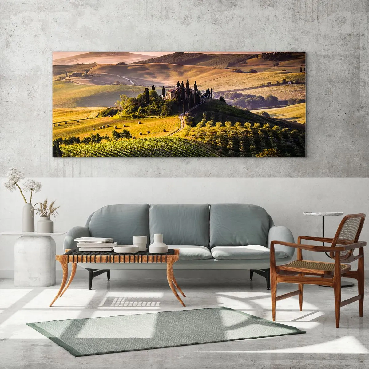 Impression sur verre - Image sur verre - Paysage toscan avec des vignes et une maison sur une colline - 120x50cm - Arcadie - le paysage toscan - Décoration murale moderne pour le salon et la chambre ARTTOR