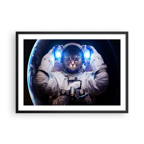 Affiche dans un cadre noir - Poster - Un chat dans une combinaison d'astronaute avec la Terre en arrière-plan et une lumière vive. - 70x50cm - Houston, vous avez un problème - Décoration murale moderne pour le salon et la chambre ARTTOR