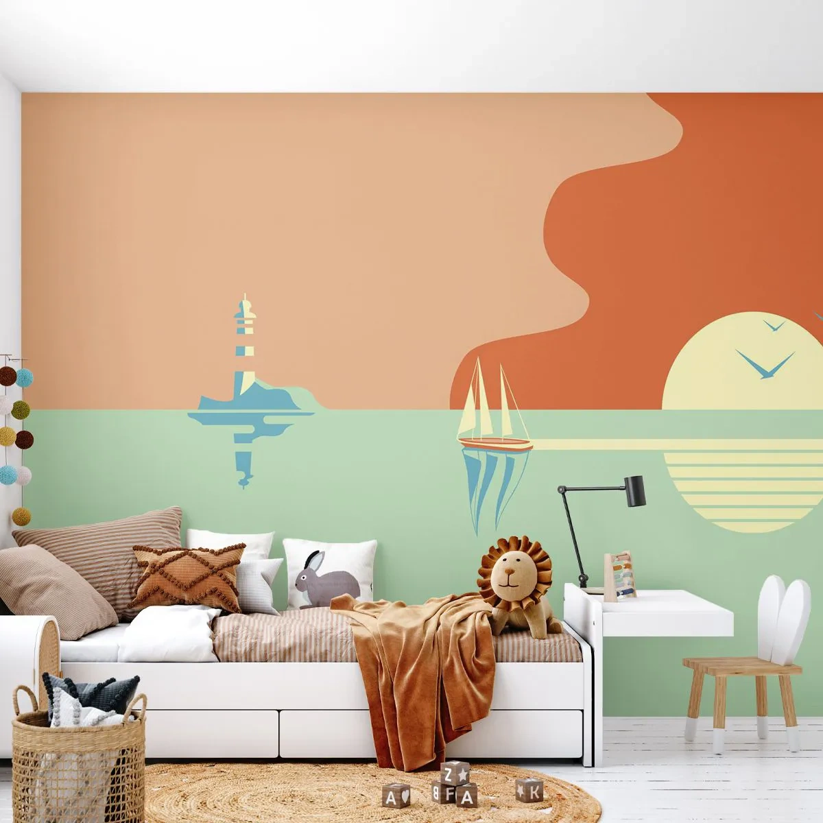 Papier Peint Photo Premium Sand - Paysage idéal de la mer - Abstraction, Bateau à voile, Lanterne - 350x256 cm