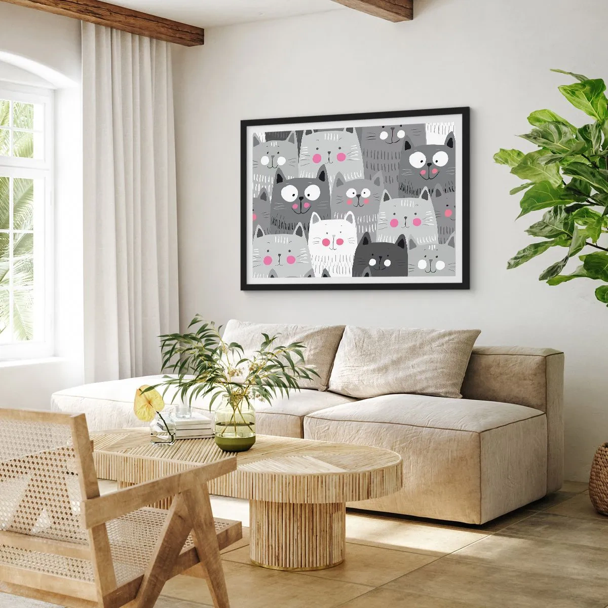 Affiche dans un cadre noir - Poster - Un motif amusant avec des chats dans des tons de gris - 70x50cm - Le monde des chats - Décoration murale moderne pour le salon et la chambre ARTTOR