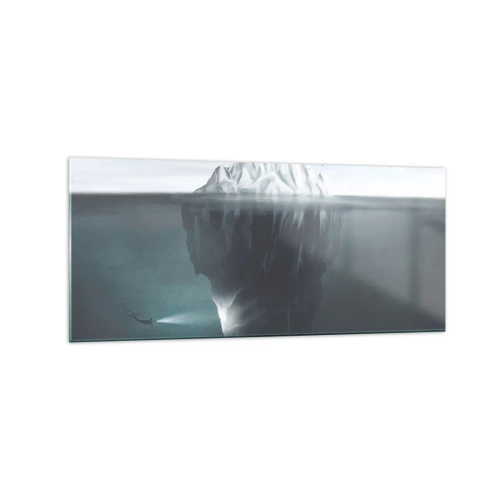 Impression sur verre - Image sur verre - Un iceberg dans l'eau avec un plongeur et un projecteur sous la surface. - 120x50cm - Mystère sous-marin - Décoration murale moderne pour le salon et la chambre ARTTOR