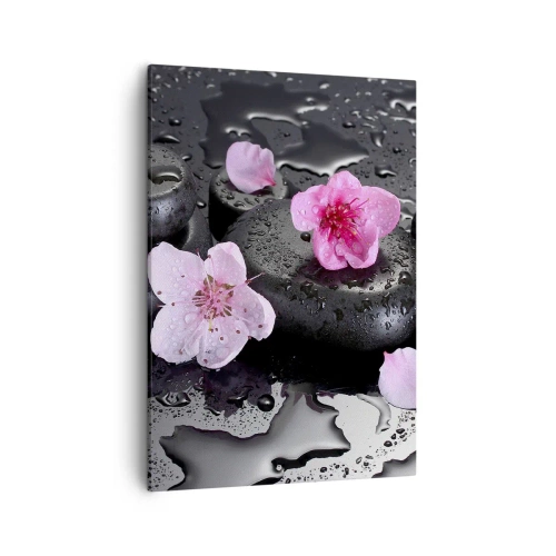 Impression sur toile - Image sur toile - Pierres noires et fleurs roses style spa - 50x70cm - Et le cœur s'allège soudainement - Décoration murale moderne pour le salon et la chambre ARTTOR