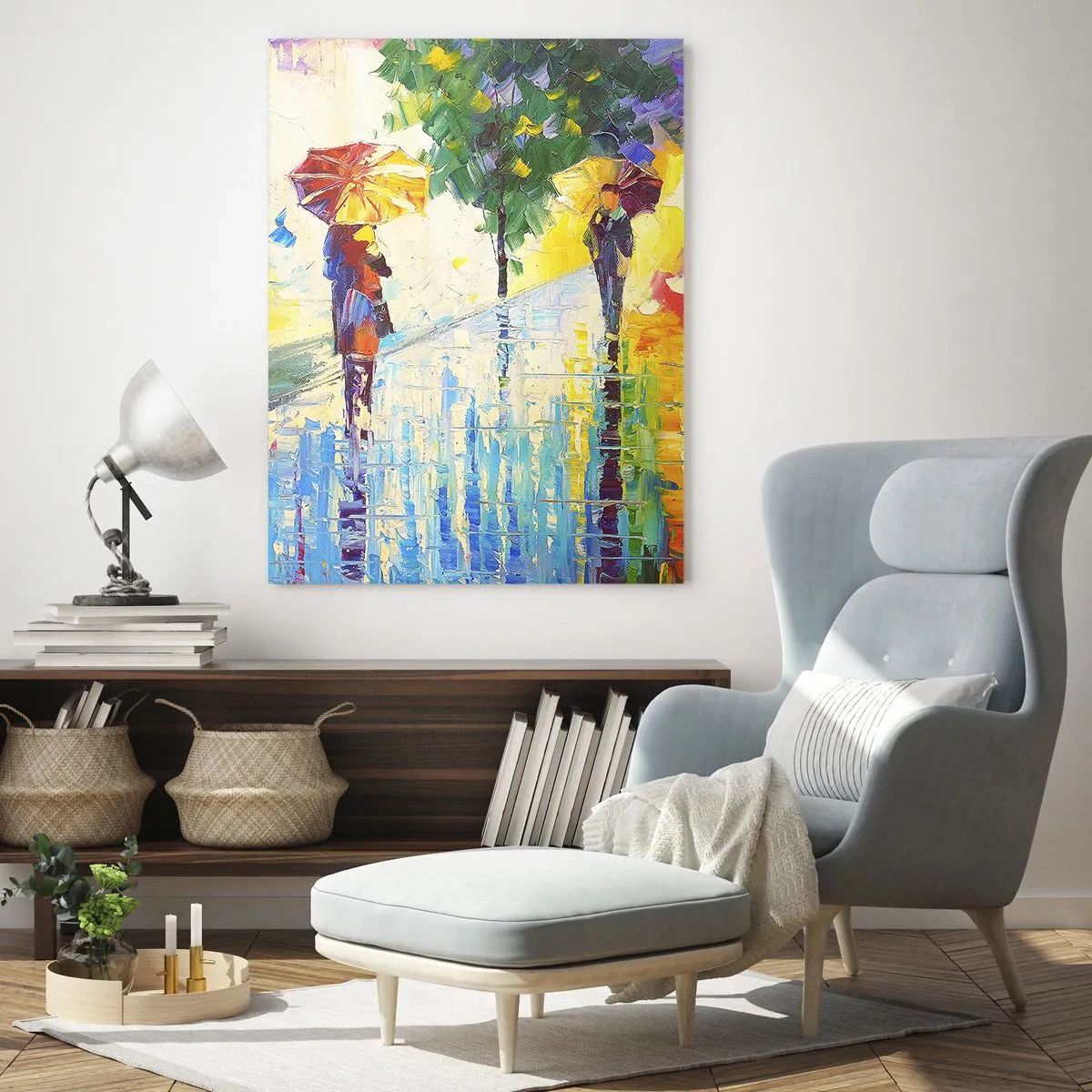 Impression sur verre - Image sur verre - Une promenade avec un parapluie dans un paysage pluvieux coloré - 70x100cm - Et tout est clair - Décoration murale moderne pour le salon et la chambre ARTTOR
